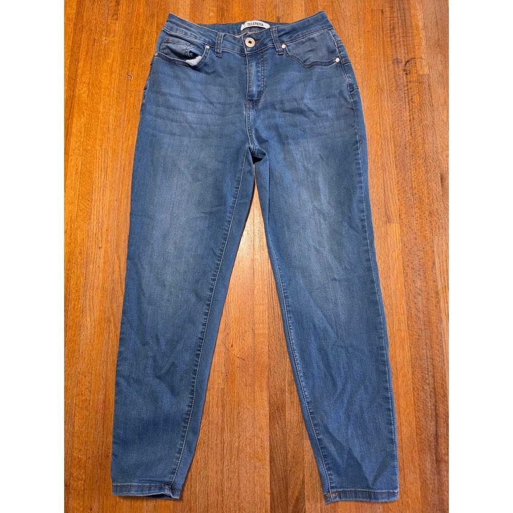 Telepatia Womens 11/30 Blue Medium Wash Mid Waisted Stretch Skinny Jeans